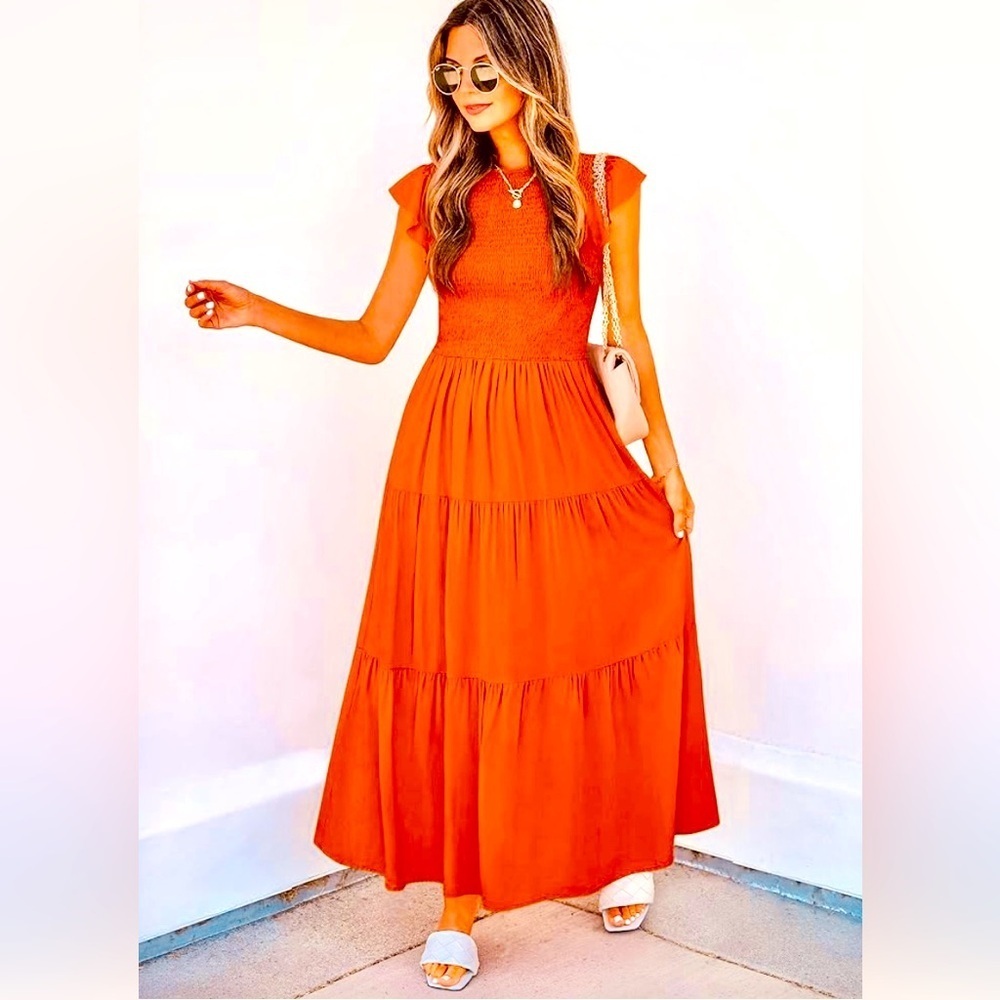 ZESICA 2025 Summer Casual Flutter Sleeve Smocked Elastic Waist Tiered Midi Dress